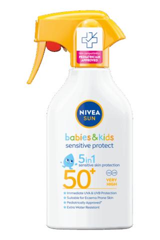 Nivea Sun Babies & Kids sprej sa raspršivačem – SPF50+ zaštita od sunca za osetljivu i kožu sklonu alergijama